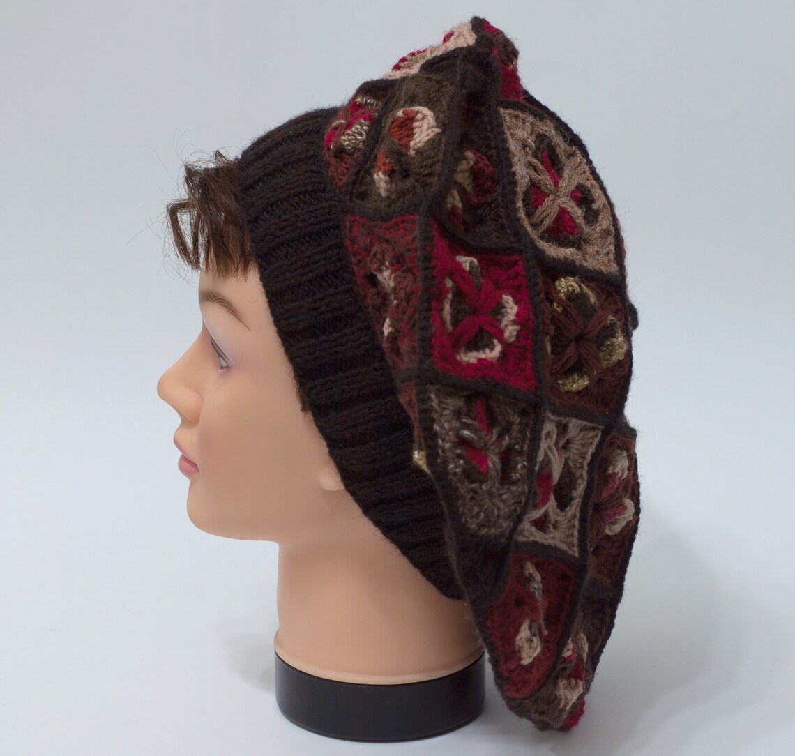 Crochet Boho Beret Warm Hat for Woman Brown Red Squares Etsy