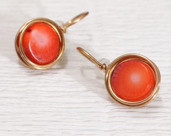 Coral gold plated post earrings, wire wrapped coral minimalist jewelry