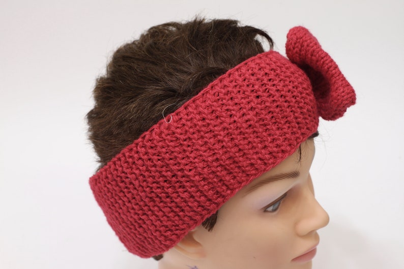 Red headband with bow, knitted fancy warmer, adjustable hairband image 9