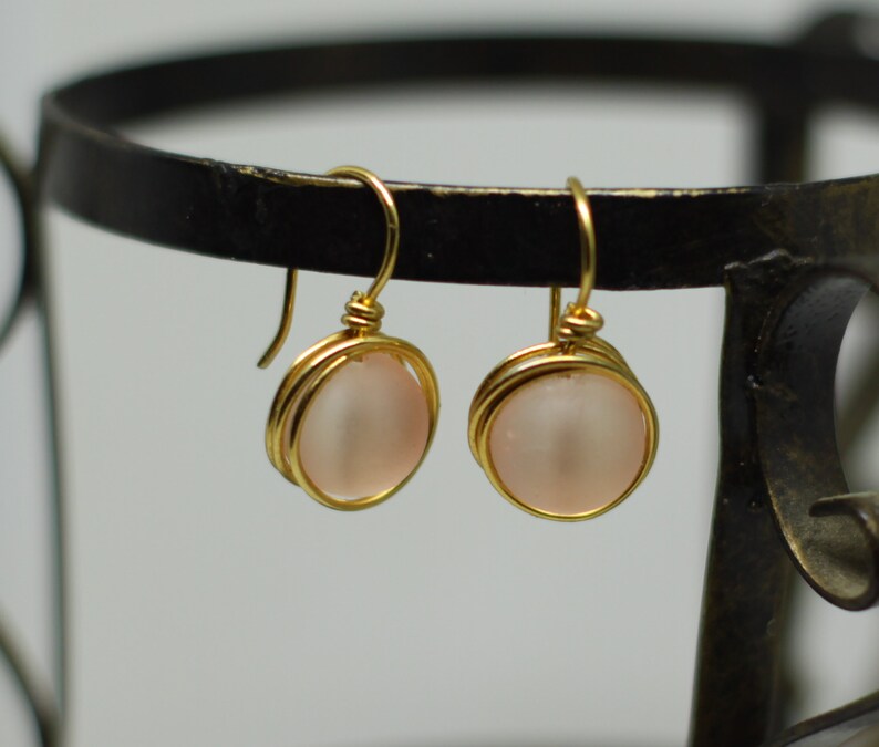 Light pink post earrings, glass pastel pink jewelry, wire wrapping image 3