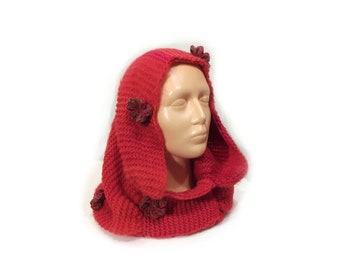 Red knitted floral neck warmer with hood, hoodie scarf for women, unique snood with crochet flowers, hands free shawl, cozy cowl hooded