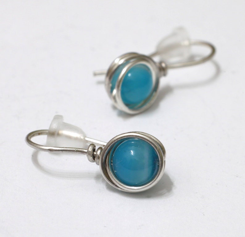 Blue agate wire wrapped earrings, gemstone minimalist jewelry image 3