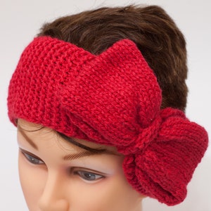 Red headband with bow, knitted fancy warmer, adjustable hairband image 7