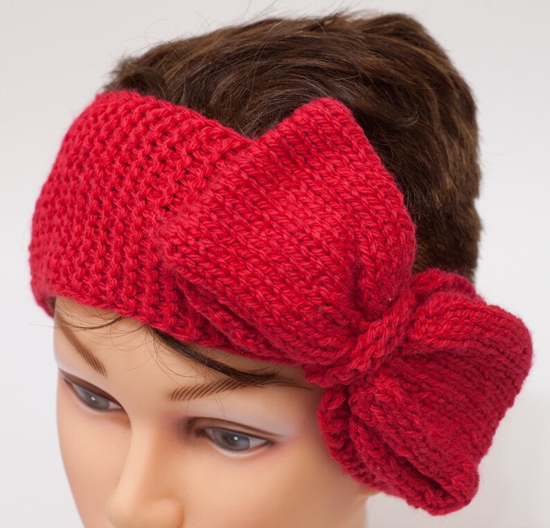 Red headband with bow, knitted fancy warmer, adjustable hairband image 7