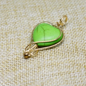 Green heart pendant, love charm, gold plated wire wrapping, minimalism image 3