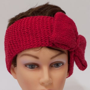 Red headband with bow, knitted fancy warmer, adjustable hairband image 4