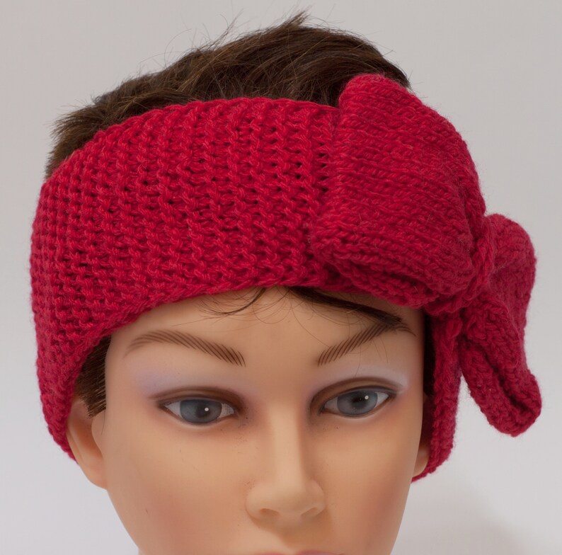 Red headband with bow, knitted fancy warmer, adjustable hairband image 4