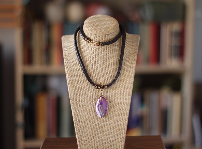 Purple agate necklace, gemstone pendant medallion, purple violet wire wrapped stone image 2