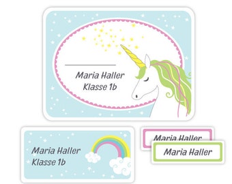 Sticker mit Namen, Aufkleber spülmaschinenfest, Einhorn Sticker, Geschenk zur Einschulung Patenkind, Namensetiketten Kinder, Schulaufkleber