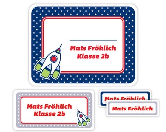 Namensaufkleber für Kinder, Schulaufkleber, Geschenk Einschulung, Geschenk Schulanfang, Sticker, Aufkleber mit Namen - Rakete ASET031