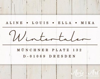 Familienstempel mit Adresse und Vornamen, Stempel Kalligrafie, Stempel mit Schreibschrift, personalisierter Adressstempel S-144