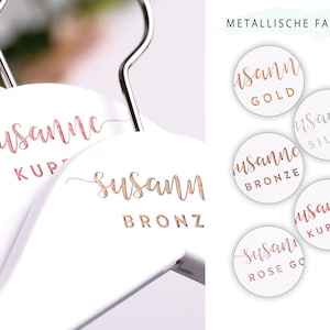 May include: Five white round labels with the name "Susanne" written in a cursive script in different metallic colors: rose gold, gold, bronze, silver, and copper. The text "METALLISCHE FARBEN" is written in black at the top of the image.