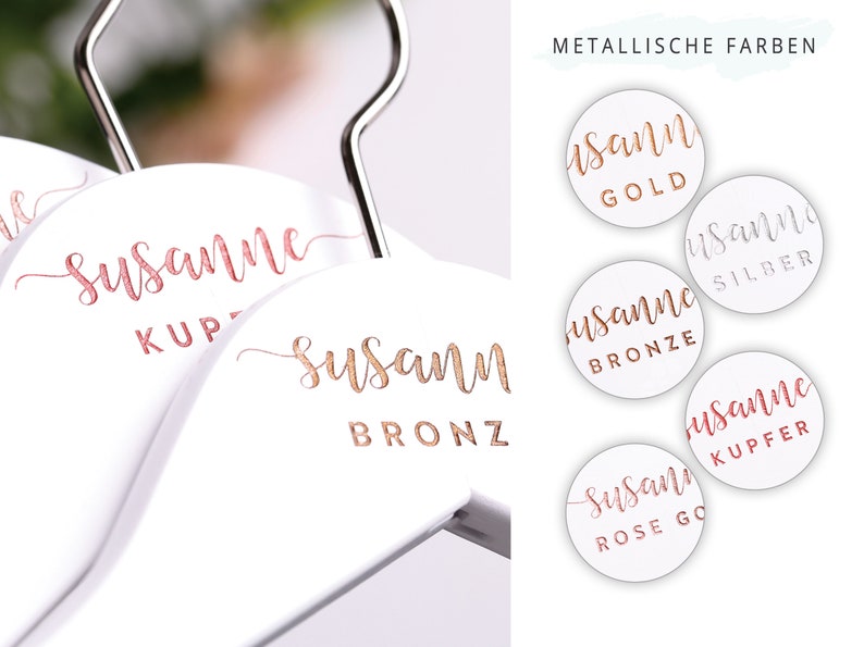 May include: Five white round labels with the name "Susanne" written in a cursive script in different metallic colors: rose gold, gold, bronze, silver, and copper. The text "METALLISCHE FARBEN" is written in black at the top of the image.