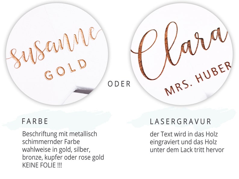 May include: Two examples of personalized wooden signs. The first sign is a white circle with the name "Susanne" in gold lettering and the word "GOLD" below. The second sign is a white circle with the name "Clara" in brown lettering and the text "MRS. HUBER" below. The text "FARBE" and "LASERGRAVUR" are written in black on a light blue background.