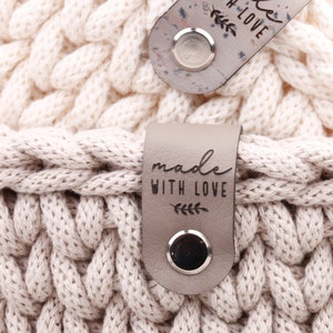Label für Häkelkorb, Knicklabel mit Schraube, Kunstleder Labels mit Chicago Screws, Label mit Schraubniete, Lederlabels "made with love"