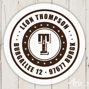 cooler Adressstempel Monogramm, runder Stempel mit Adresse und Druckschrift, Monogrammstempel mit Ihrem Wunschtext S-109