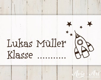 Namensstempel für Kinder Rakete, über 70 Motive zur Auswahl, Schulstempel, Kinderstempel mit Namen, Geschenk zur Einschulung S-090