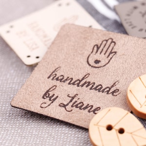 Handmade Label, Handmade with Love Label, Leder Label personalisiert, Lederlabel zum Annähen, Kunstleder Label, ab 25 Stück