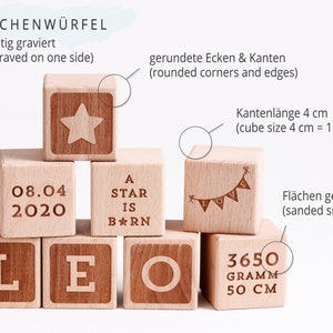 Holzwürfel mit Gravur, Geschenke zur Geburt, Baby Geschenk personalisiert, gravierte Würfel aus Holz, Geschenk Taufe, Buchstabenwürfel Holz Bild 2