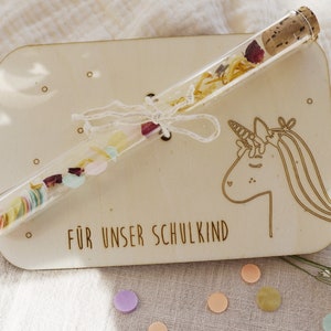 Geldgeschenk Schulkind Schulstart Einhorn Taufe Kommunion Geschenk Geburt Wunscherfüller Reagenzglas Junge Mädchen Karte Geburtstag image 1