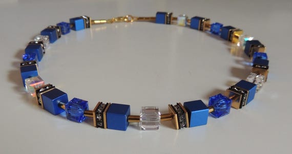Necklace, Collier, Cube Chain, Blue, White