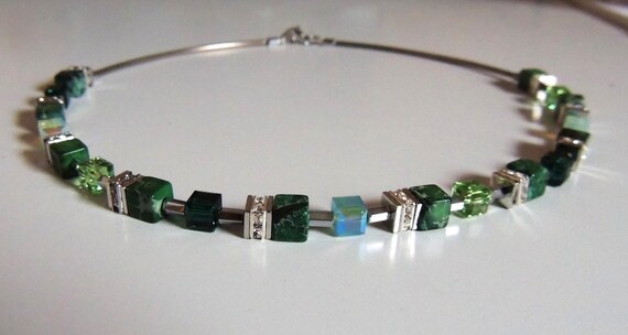 Necklace, collier, cube chain, jasper, green, jewelry set