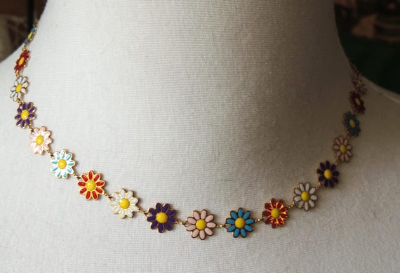 Daisy necklace, boho style, colorful, stainless steel