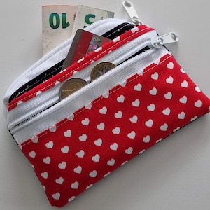 Kleines Portemonnaie 3 Fächer 2x Reißverschluss mini Geldbörse Karneval Kostüm Damen für Karnevalsrock Clownsrock rot/weiß/schwarz Herzen