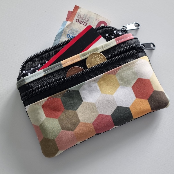 Mini wallet 3 compartments 2x zip compartment small purse wallet money bag stock exchange geometric pattern black mustard yellow beige