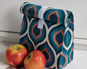 Lunchbag XXL wasserabweisend Brotbeutel auswischbar Frühstücksbeutel geometrisches Muster petrol rost türkis beige Nasstasche