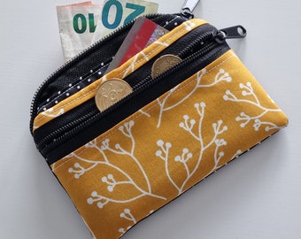 Small wallet 3 compartments 2x zipper compartment mini wallet wallet credit card slots tendril mustard yellow black dots