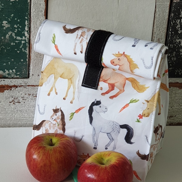 Lunchbag Brotbeutel XXL auswischbar Pferde beige/braun Jungen Mädchen wasserabweisend Frühstücksbeutel Nasstasche