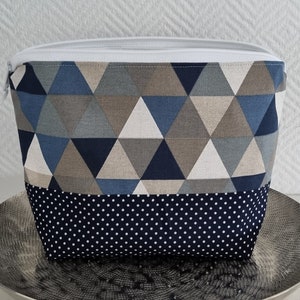 Kosmetiktasche wasserabweisend Damen große XXL Waschtasche Dreiecke marineblau/beige Kulturbeutel Frauen mit Reißverschluss Nasstasche