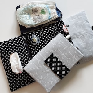 Windeltasche mit Wickelunterlage + mit Namen möglich große Wickeltasche 3 Seiten Jungen Mädchen grau/schwarz