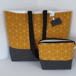 Beach bag water-repellent XXL sauna bag shopper bath bag geometric pattern mustard yellow black ochre