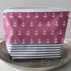 Kosmetiktasche wasserabweisend Damen große XXL Waschtasche Anker mauve/beere gestreift grau Kulturbeutel Frauen mit Reißverschluss maritim