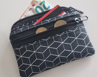 Mini wallet 3 compartments 2x zipper compartment small wallet wallet geometric pattern black white dots wallet stock exchange