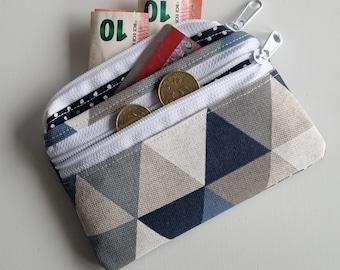 Kleines Portemonnaie 3 Fächer 2x Reißverschlussfach mini Geldbeutel Geldbörse Kreditkarte Kartenfächer geometrisches Muster marineblau beige