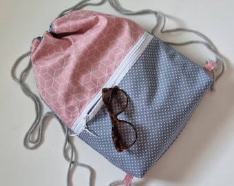 Turnbeutel Reißverschlussfach wasserabweisend Rucksack geometrisches Muster rose grau Festivalbag Gymbag Damen Jungen Mädchen Kinder Tasche