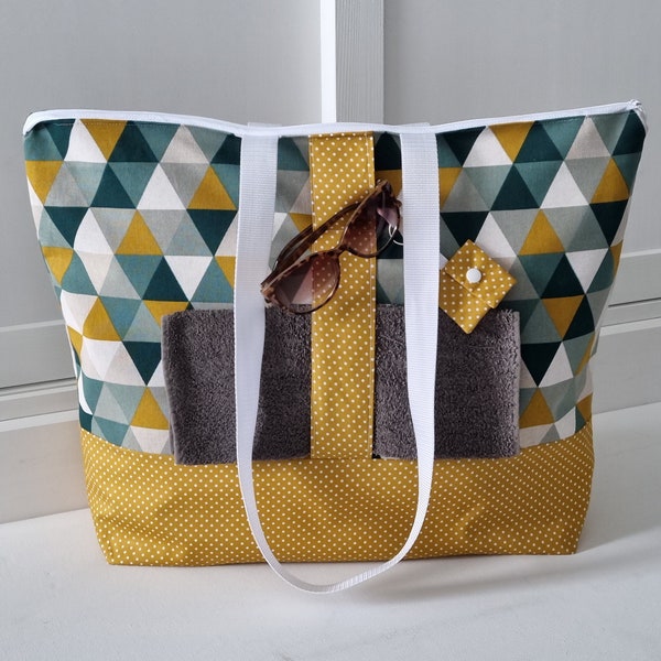 Strandtasche mit Reißverschluss wasserabweisend XXL Saunatasche Shopper Badetasche geometrisches Muster Dreiecke senfgelb petrolgrün Tasche