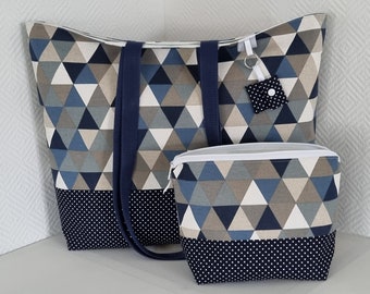 Beach bag water-repellent XXL sauna bag shopper bathing bag geometric pattern triangles navy blue gray beige swimming bag wet bag