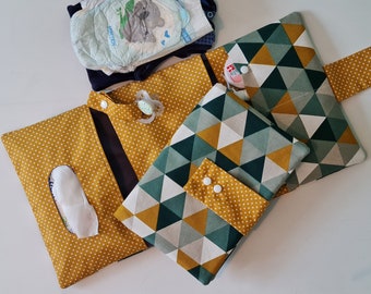 Diaper bag 3 sides large XXL diaper bag girls boys with name possible geometric pattern petrol green mustard yellow triangles diaper case