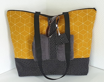 Beach bag with zipper, water-repellent XXL sauna bag shopper bath bag Geo mustard yellow ocher black