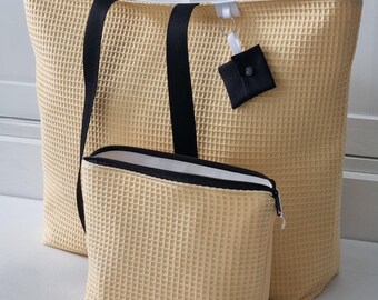Badetasche wasserabweisend Waffelpique Buttergelb - große XXL Strandtasche Damen - Saunatasche Wellness/Therme - Waschhaustasche zum Campen