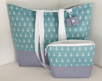 Strandtasche wasserabweisend XXL Saunatasche Shopper Badetasche Anker mintgrün grau