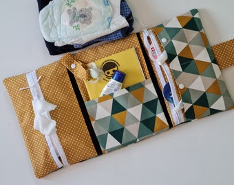 Diaper bag 3 sides 2x zipper XXL diaper bag with name possible boy girl geometric pattern petrol green mustard yellow triangles