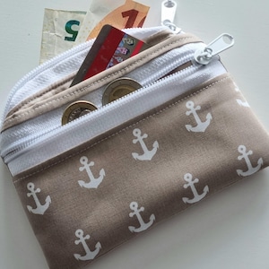 Mini Geldbeutel – 3 Fächer, 2x Reißverschluss, kleines Portemonnaie beige Anker für Karten & Bargeld, Damen Geldbörse für unterwegs
