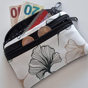 Mini Geldbeutel – 3 Fächer, 2x Reißverschluss, kleines Portemonnaie beige/schwarz für Karten & Bargeld, Damen Geldbörse für unterwegs