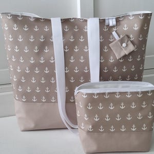 Strandtasche wasserabweisend beige Anker – große XXL Badetasche Damen, Saunatasche & Waschhaustasche Camping mit Kosmetiktasche möglich