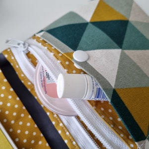 May include: A small, white zippered pouch with a geometric pattern in shades of green, yellow, and white. The pouch has a white button closure and a small tube of cream is partially visible inside.